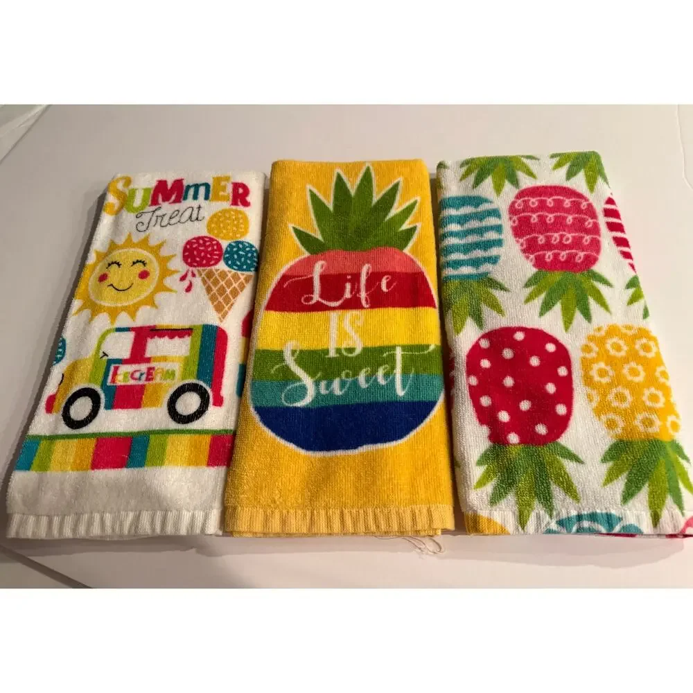 Serafina Home Summer Pineapple Ice Cream Kitchen Towel Set of 3 NWOT
